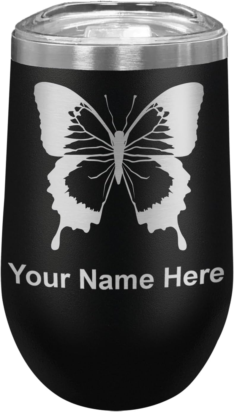 LaserGram 16oz Double Wall Stainless Steel Wine Glass Tumbler, Swallowtail Butterfly, Personalized Engraving Included (Black)