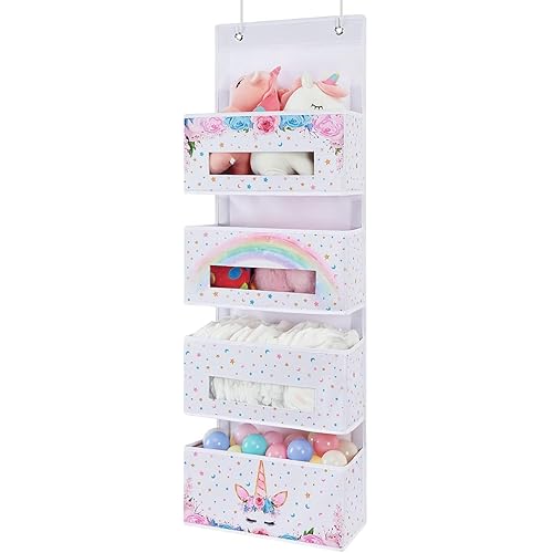 WERNNSAI Unicorn Over Door Hanging Organizer - Behind Door Hanging Storage with 4 Clear Window Pockets for Baby Girls Room Organization Gifts Toy Diaper Pantry Closet Bedroom Bathroom Nursery Decor