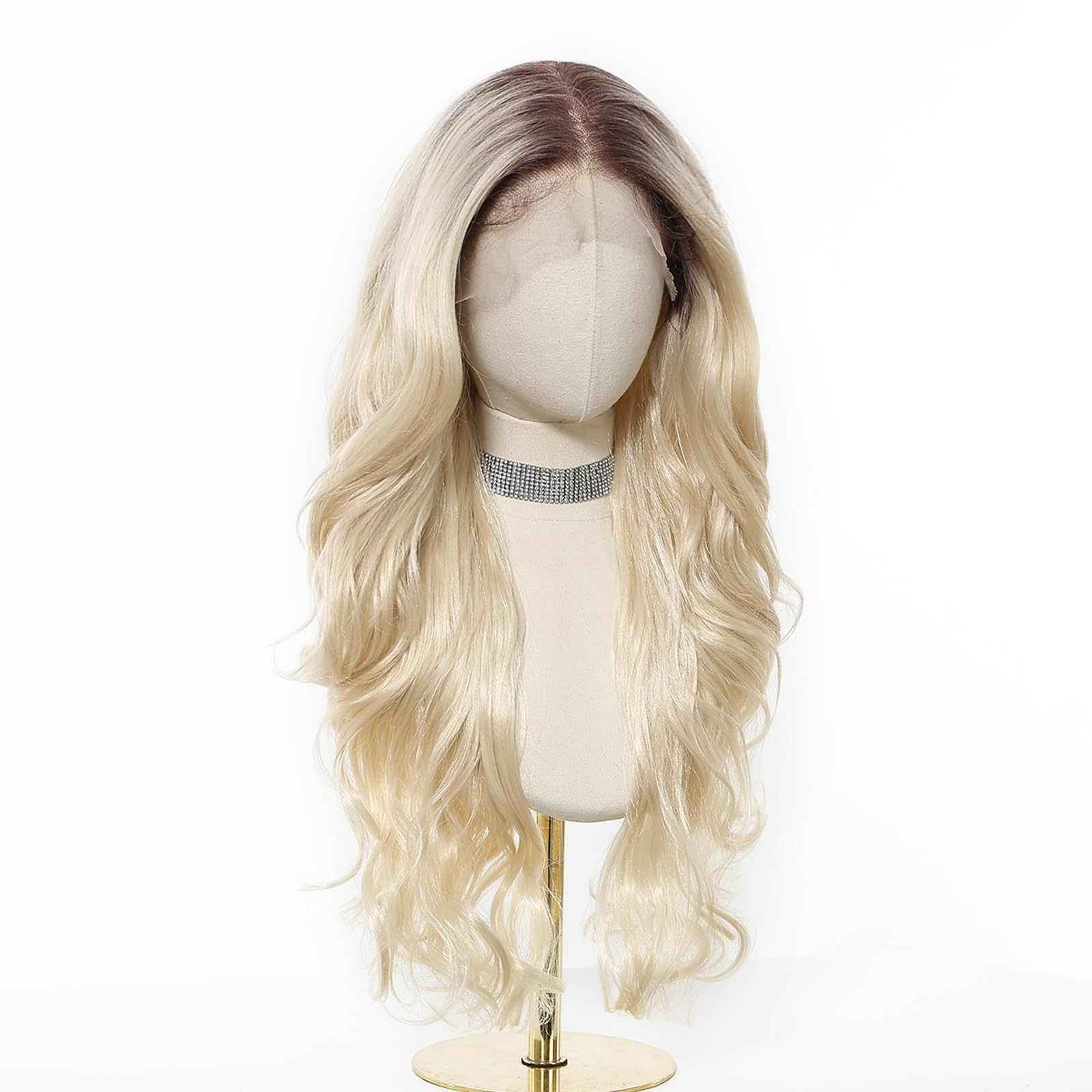 Donne Parrucca sintetica in pizzo biondo Ombre con parte centrale a radice scura Capelli ondulati lunghi Fibra resistente al calore Festa