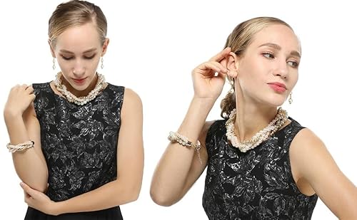 S Susann Pearl Necklace Set Fake Pearl Necklaces Pearl Earrings Pearl Bracelet Cluster Bead Collar Twist Multi-Strand Pearl Choker Necklace Set Gift For Women(Golden Choker) #TOP2