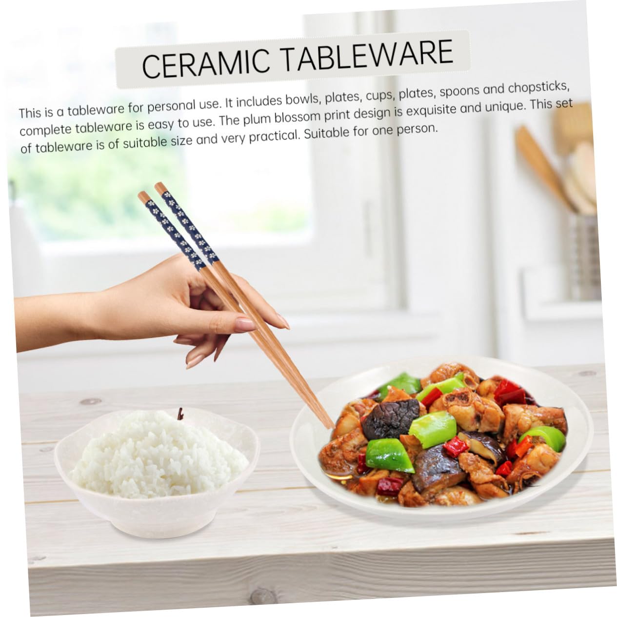 Cabilock Service de Table Japonerie en Céramique et Bois, 6 Pièces, Bol, Assiette, Tasse, Cuillère et Baguettes, Sûr et pour Repas Quotidiens