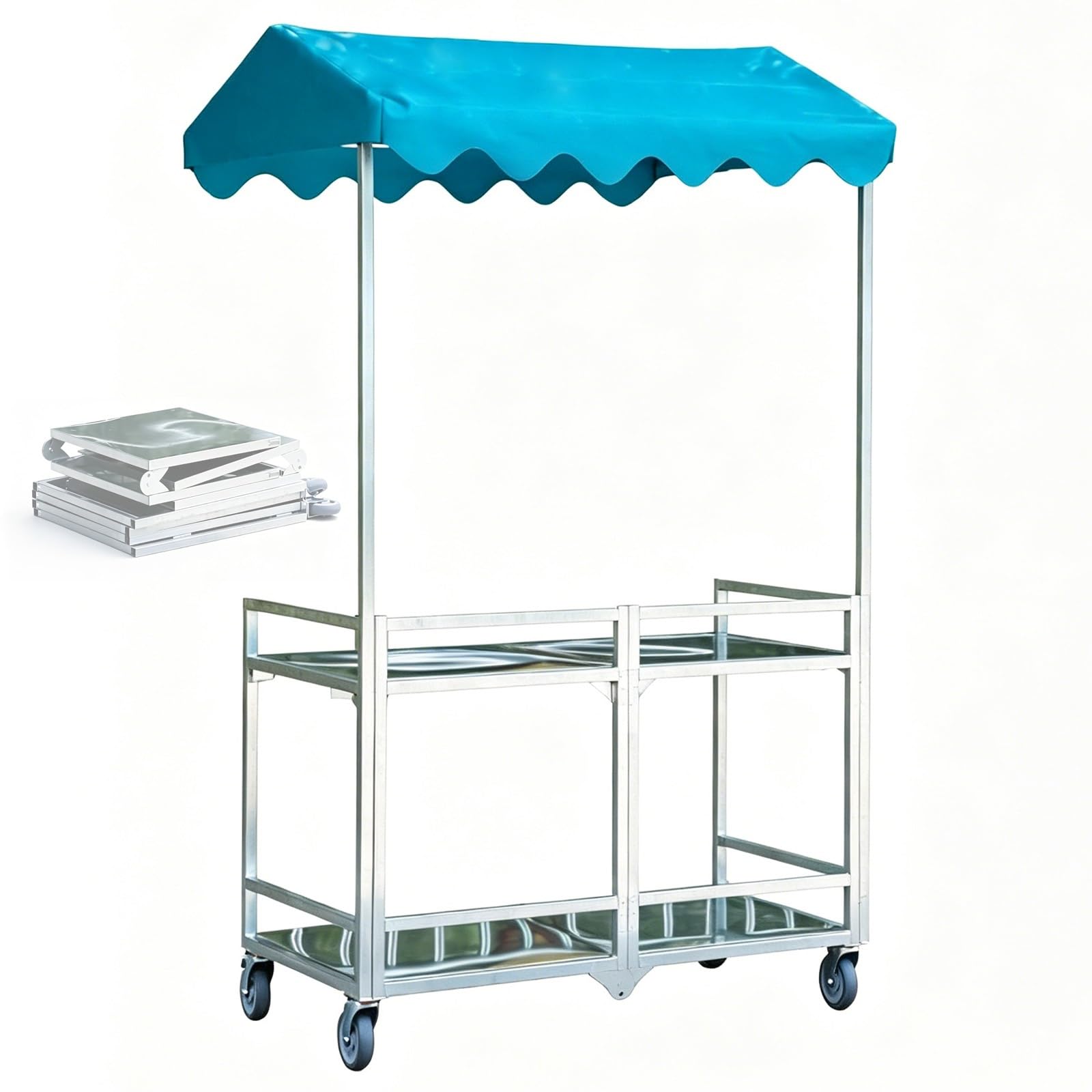 Portable Vendor Cart, Food Carts for Sale, Foldable, with Canopy, Galvanized Steel, for Market, Street Food, Events(120x60cm/47x23in)