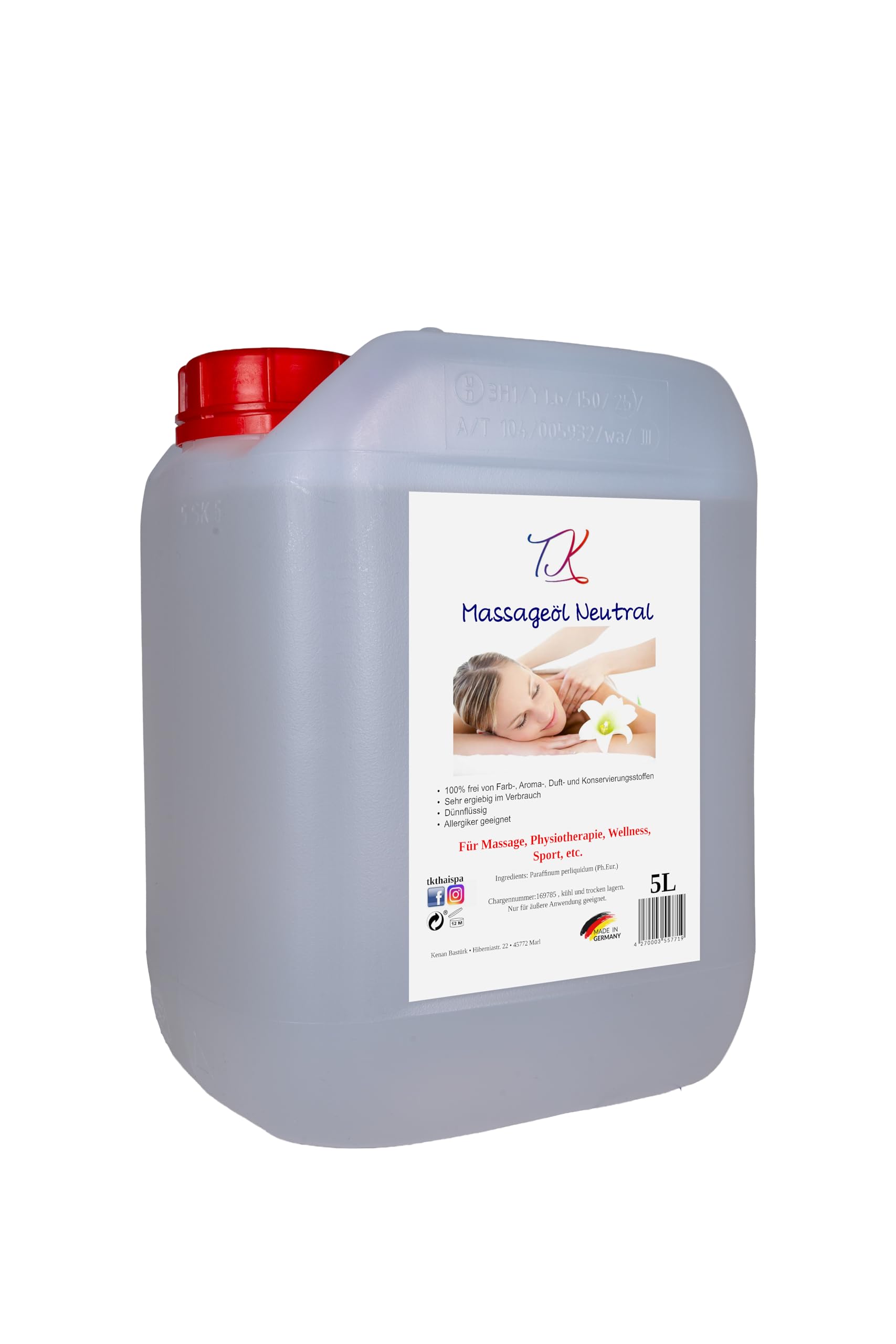 5L Massageöl Neutral für Massage, Wellness, Physiotherapie, SPA. Pharm. Qualität DAB/Ph. Eur.