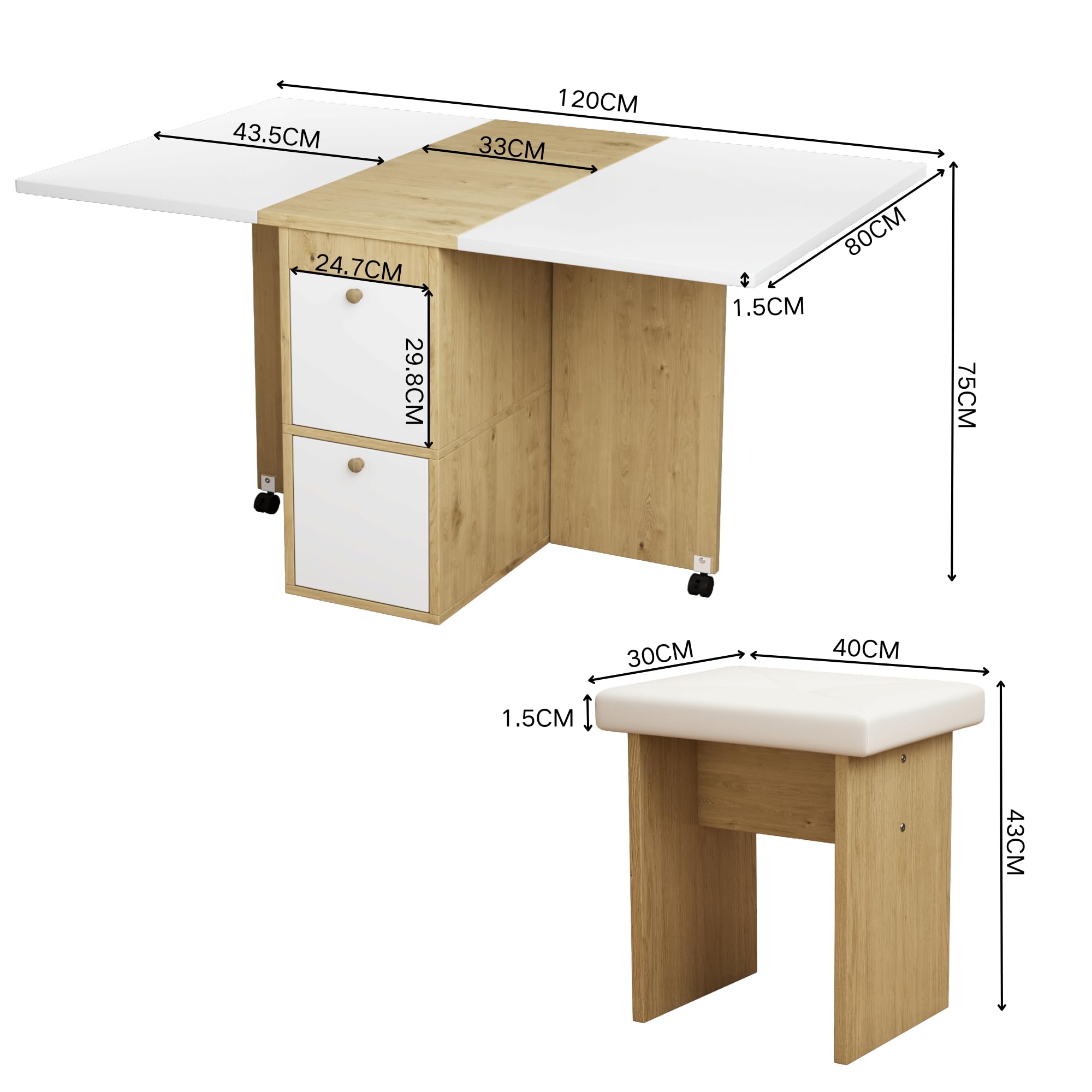 Sapgaks Ensemble Table à Manger et Chaises Pliantes 120×80×75cm Blanc Chêne 4 Chaises