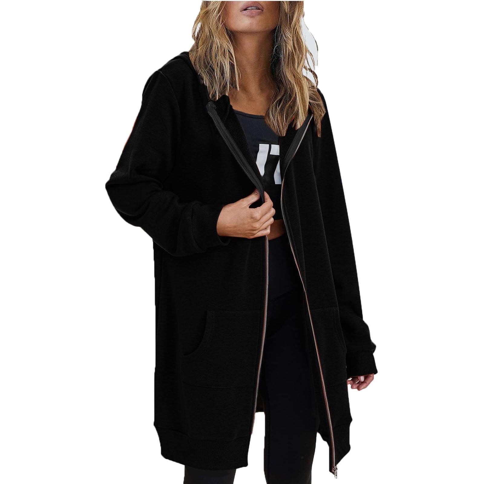 Womens Zip Up Hoodies Long Sleeve Hooded Lightweight Sweatshirt Oversized Fleece Jacket With Pockets Fall Clothes