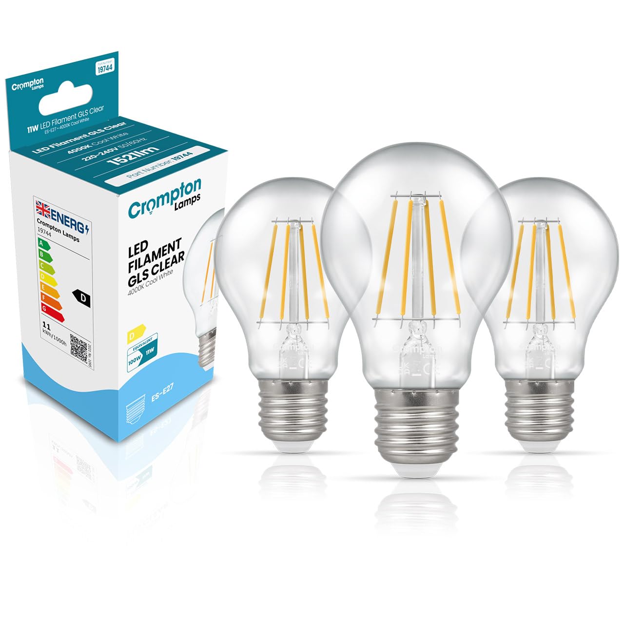 Crompton Lamps Filament GLS LED Light Bulb ES-E27 | 11W = 100W Equivalent | Cool White 4000K | Energy Efficient | Edison Screw Lightbulb | Long Life 15,000-Hrs | Clear Glass | Dimmable | 3-Pack