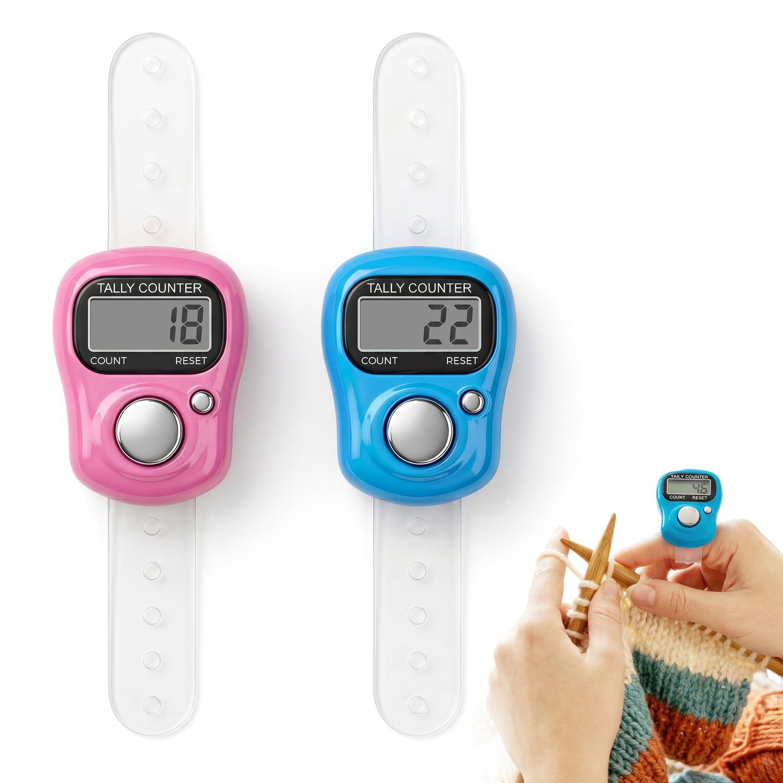 2PCS Contadores de Dedos Electrónicos, Mini Contadores de Conteo de Plástico, Ligero/Portátil Se Puede Restablecer Medidor de Filas Tejido, Adecuado para Cuenta Eventos Deportivos Gancho