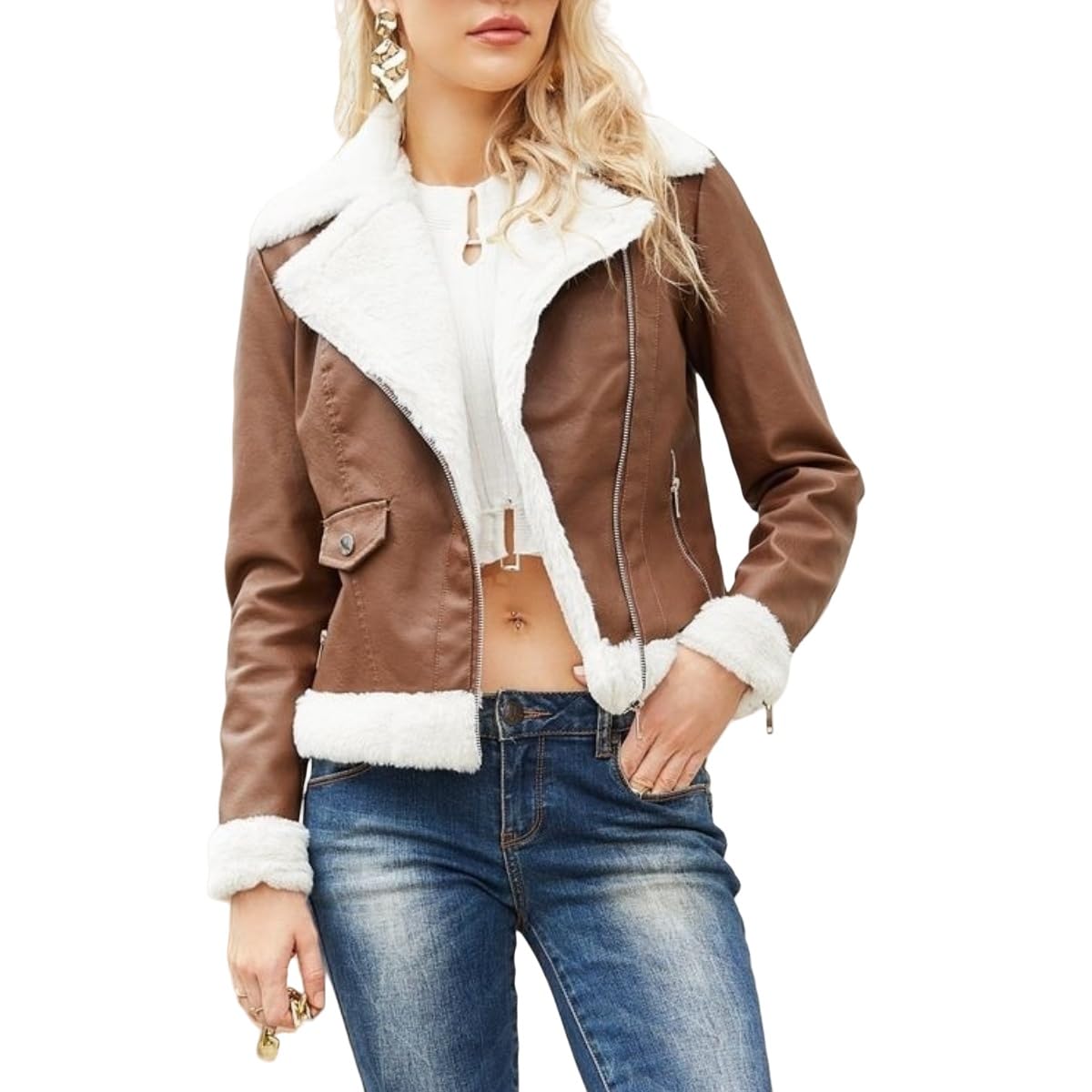 KUUFUUT Women Faux Leather Jacket Motorcycle Biker Sherpa-Lined Coat Fur Collar Winter Aviator Leather Coat Bomber Jacket Winter Outerwear for Women Coffee M
