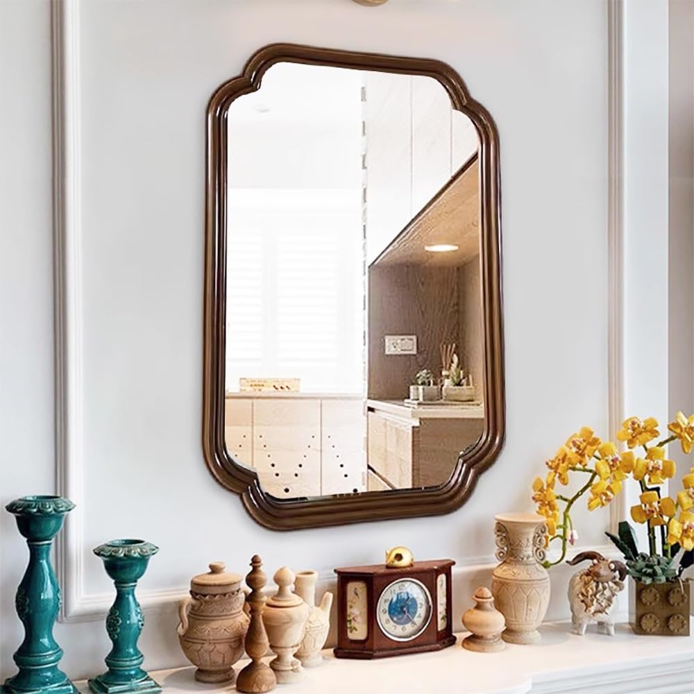 SXFSDOU French Wall Mirror Large Decorative Hangs Vertically or Leaning Antique Bathroom Rectangular Vanity for Washing Room(Brown)