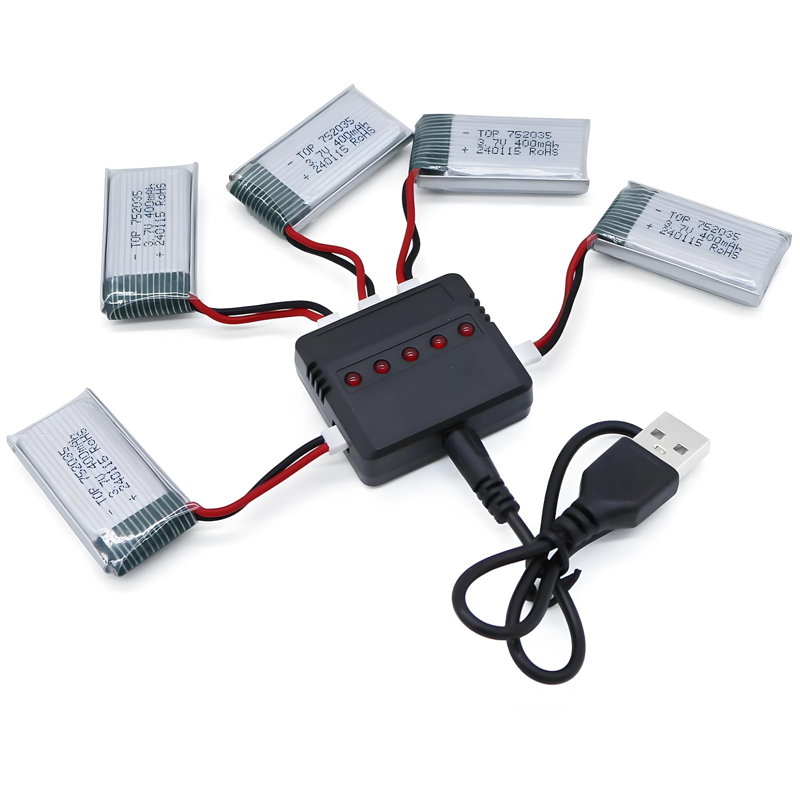 Tosiicop 3.7V 400Mah Lipo Battery - 5Pcs Drone Batteries with 5in1 USB Charger for Syma Q11 H99W H31 H6C H98 TR-C385 TR-P51 TR-F22 Quadcopter Parts Drones Battery Rechargeable AT-96 (5PCS 3.7V 400mAh)