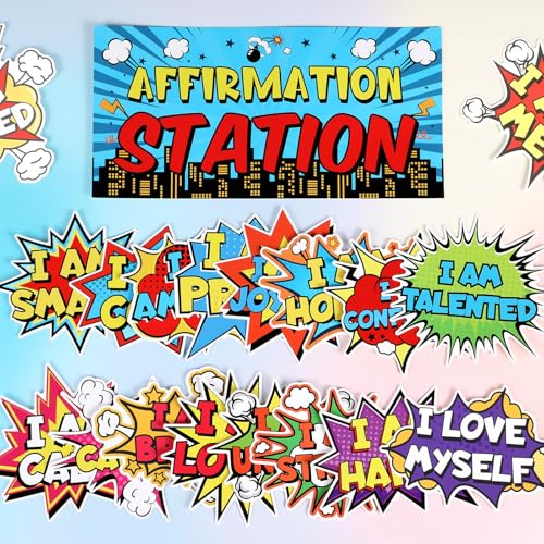 Image of Hero Affirmation Station Bulletin Board Set Hero Positive Bulletin Board for Classroom Growth Mindset Decoration Inspirational Motivational Accent Cutouts for Home School Teacher Wall Mirror Supply