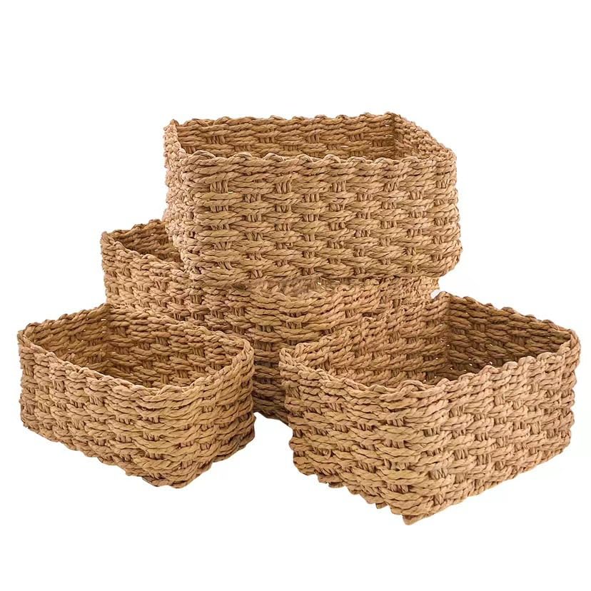 Neuytiky Set di 4 Cestini Portaoggetti Intrecciato in Corda di Carta,Cestino in Vimini Cestino da bagno catole per Armadio Portaoggetti,Cestini Portaoggetti Intrecciato,Impilabile Organizer Fasciatoio