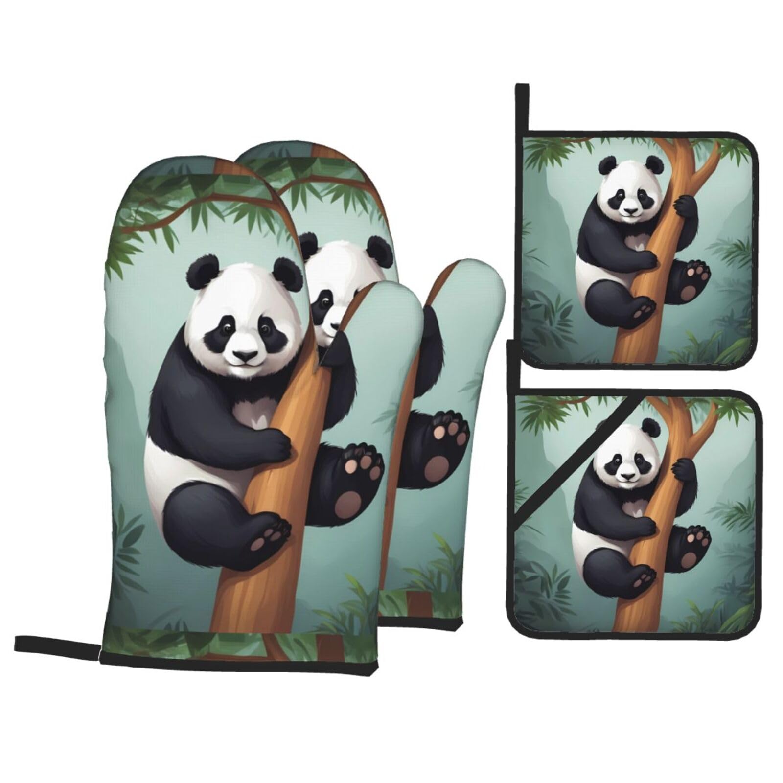 Kitchen baking gloves pot holder set of 4 WHJSSF Panda In Tree Printed thickened practical anti-scalding heat insulation for kitchen baking