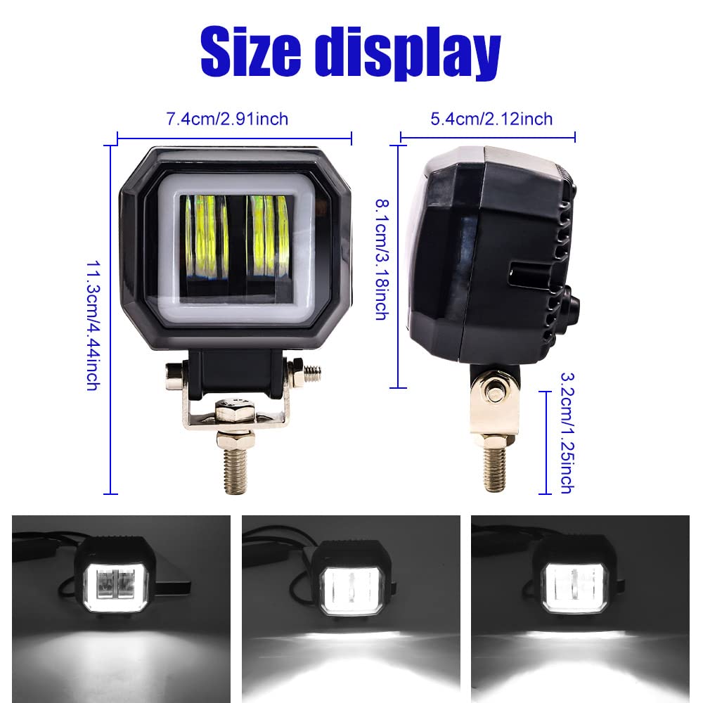 Biqing 2PCS Feux Additionnels Moto avec Vert Angel Eye,Carré de 3 Pouces 20W Phare LED Moto Avant 12V/24V Phare de Travail Brouillard Feux de Jour de Motos DRL Avec Interrupteur 22mm