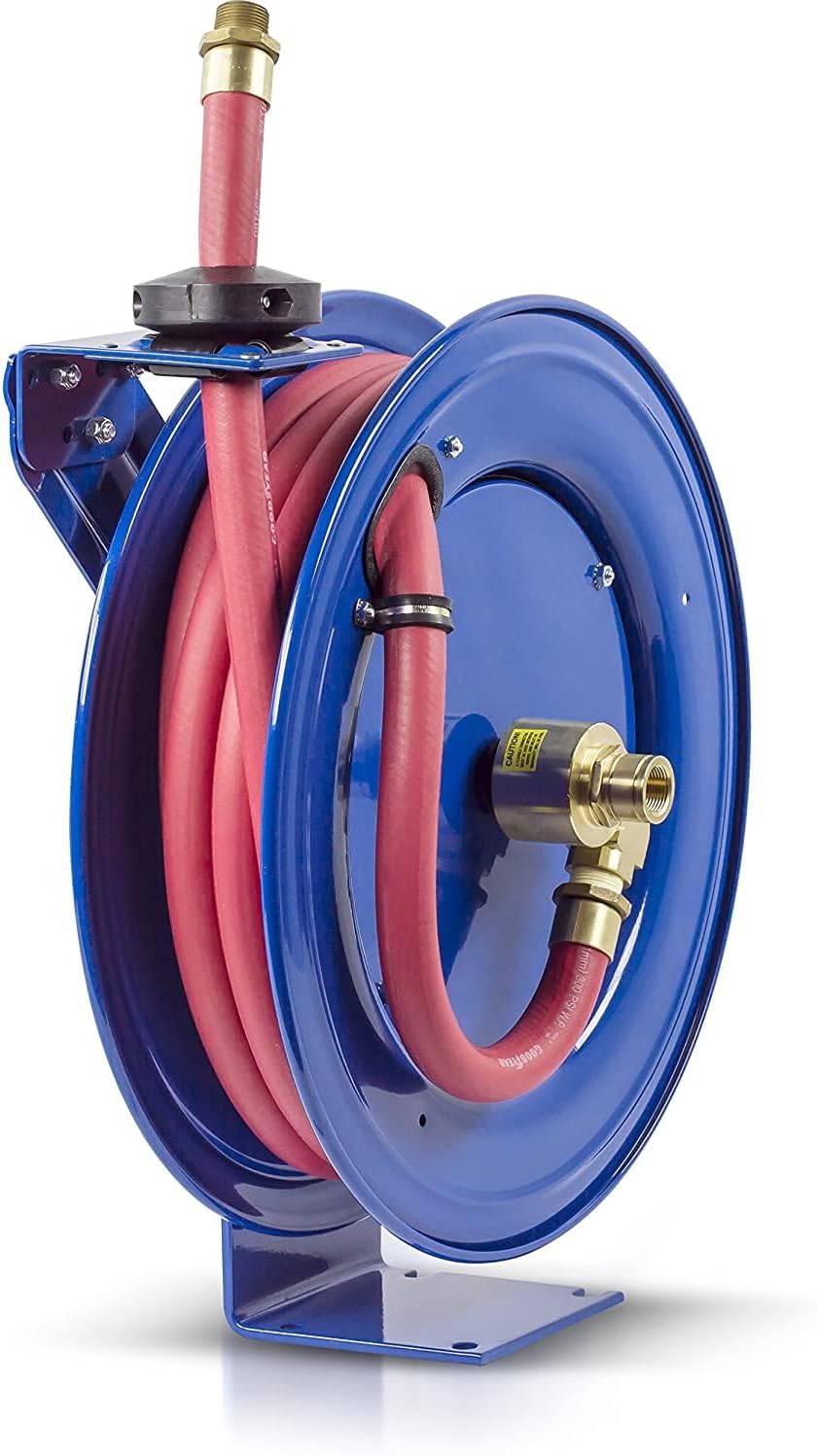 SHF-N-525 Retractable Fuel Hose Reel | SH Fuel Series | 3/4"x25, 300 PSI | Easy-Maintenance w/ Brass Swivel & Multi-Position Mount Arm | Heavy-Duty Steel Construction | Made in the USA | Blue