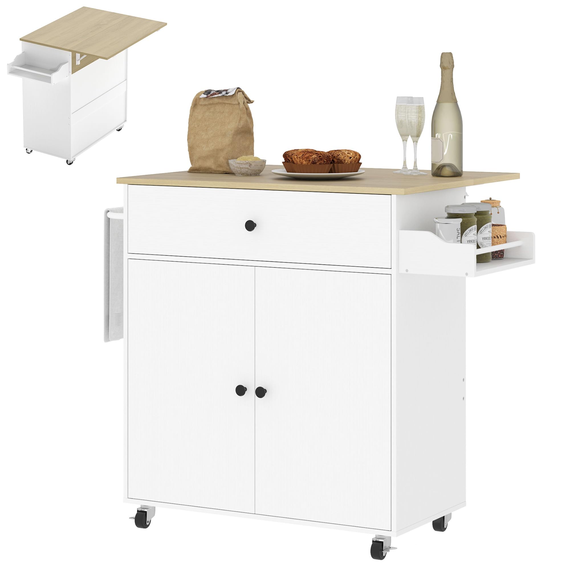 HOMCOM Kitchen Island with Drop Leaf, Rolling Kitchen Storage Trolley on Wheels with Drawer, Spice Rack and Towel Rack, Storage Cart with Adjustable Shelf, White