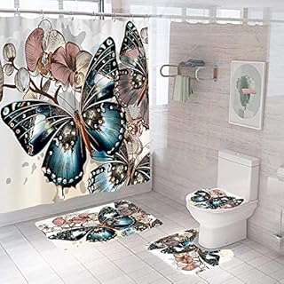 YULUOSHA 4 Pcs Monarch Butterflies Shower Curtain Set with Non-Slip Rugs, Toilet Lid Cover and Bath Mat Colorful Floral with Butterflies Shower Curtain Bathroom Decor with Hooks Turquoise