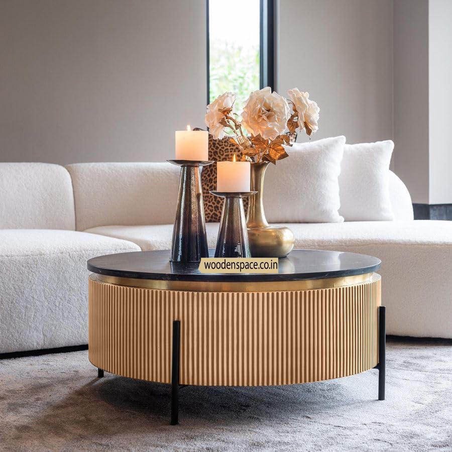 Image of WOODEN SPACE Premium Luxury Nazaara Marble-Top Coffee Table with Iron Legs & PVD Coating | Modern Round Wooden Center Table for Living Room & Entryway