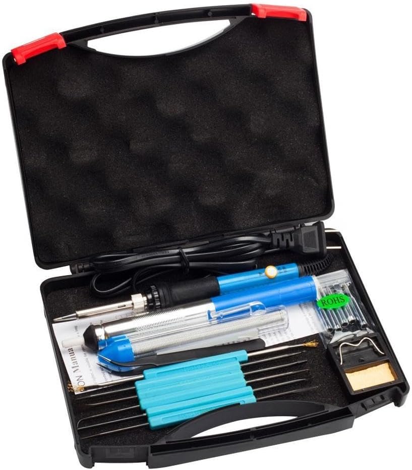 Soldering iron kit, Corn 16-in-1 60W 110V Adjustable Temperature Welding Soldering Iron with Desoldering Pump, 5pcs Different Tips, Stand, Anti-static Tweezers, Additional Solder Tube, and Carry Case