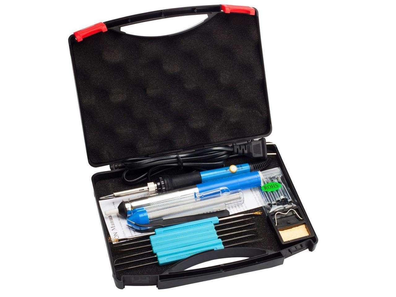 Soldering iron kit, Corn 16-in-1 60W 110V Adjustable Temperature Welding Soldering Iron with Desoldering Pump, 5pcs Different Tips, Stand, Anti-static Tweezers, Additional Solder Tube, and Carry Case
