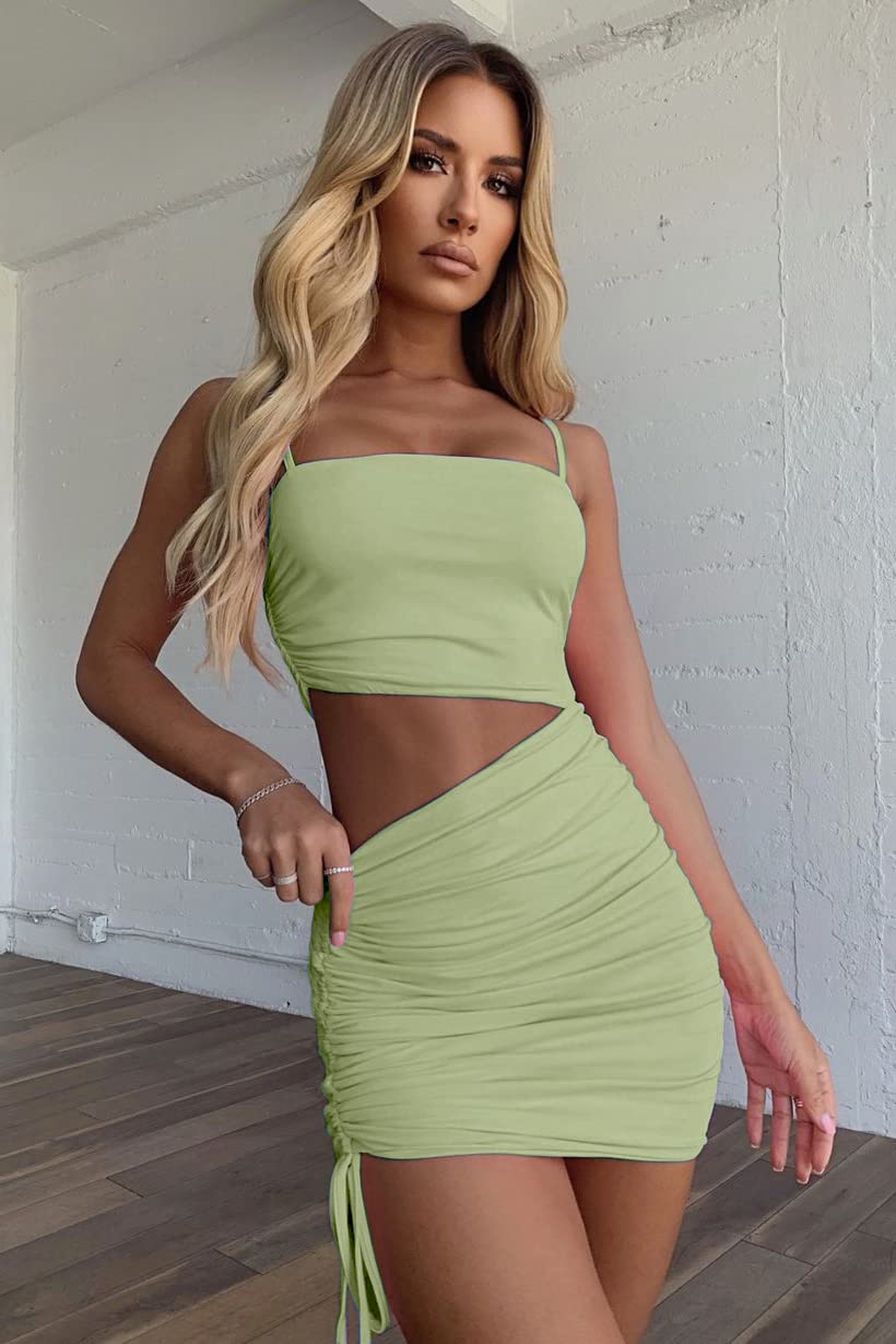 CHYRII Women's Sexy Spaghetti Strap Cutout Ruched Drawstring Club Bodycon Mini Dress Green XL