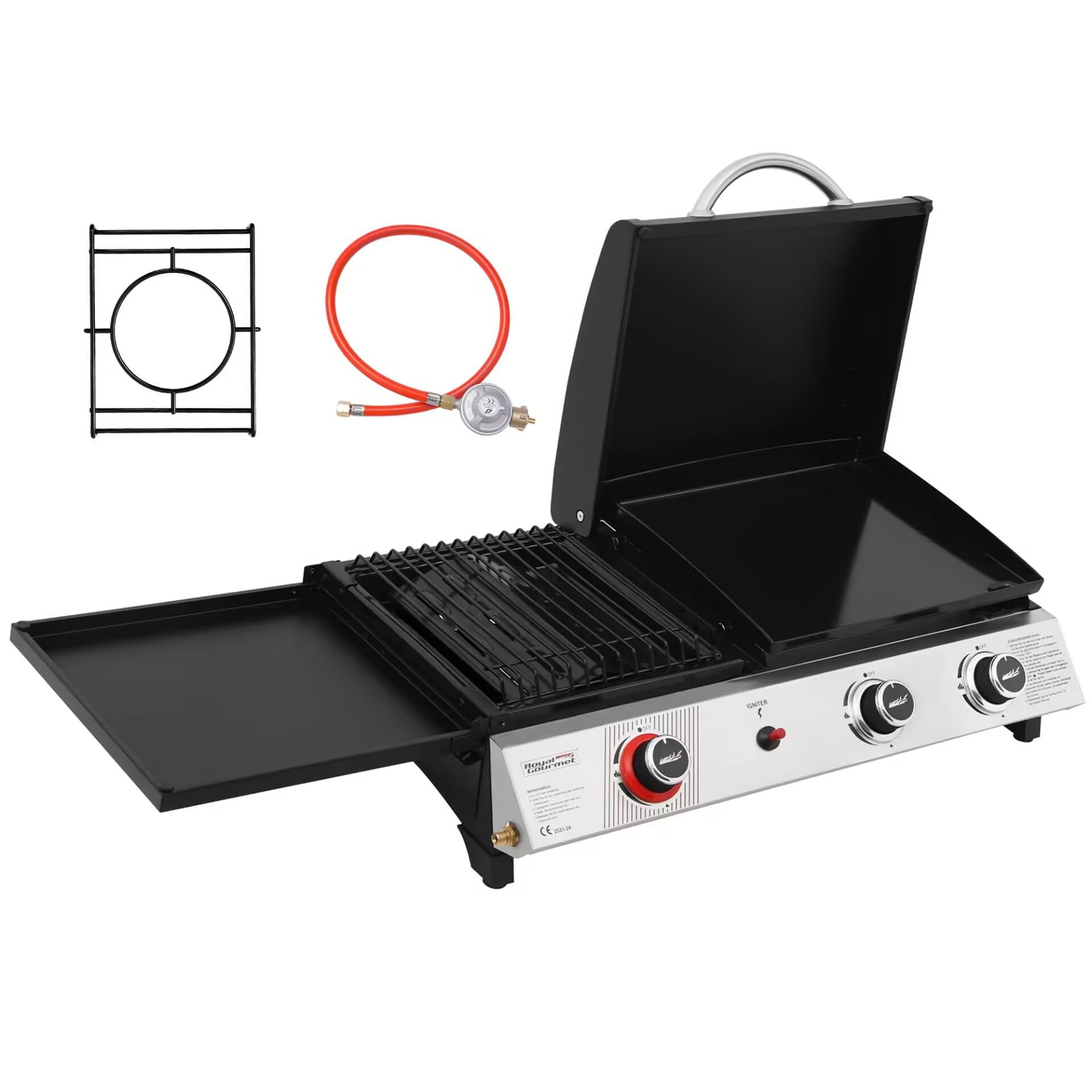 Royal Gourmet 8,5 kW Gasgrill, 3 in 1 Tischgrill mit Grillen, Braten, Kochen, 3 Brenner Tragbarer Picknickgrill Campinggrill mit Klappbare Seitenablage Schwarz