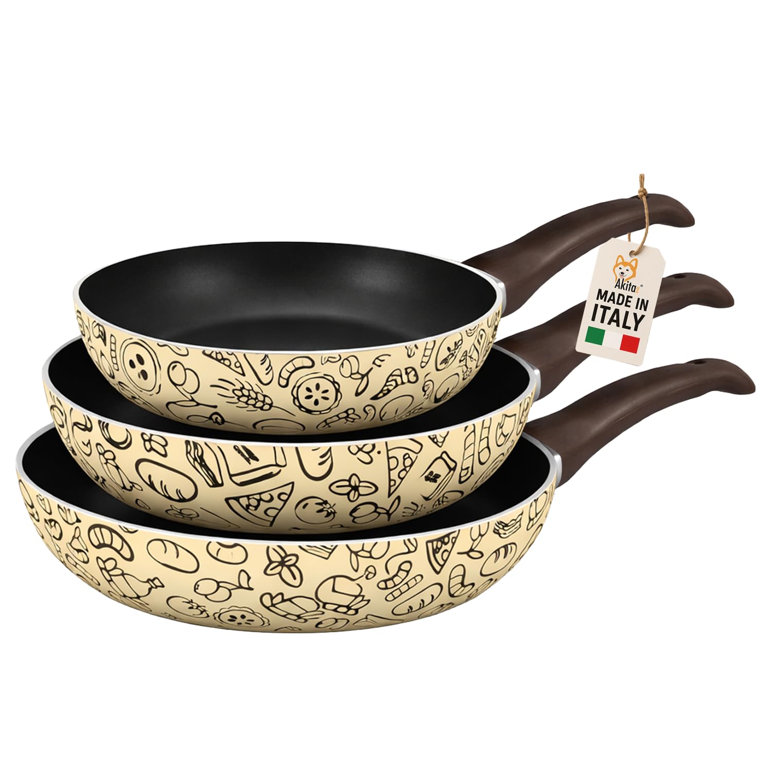 AKITAInk Set 3 Padelle Antiaderenti 20, 24 e 28 cm - Padelle Pastella da Cucina con Rivestimento Antiaderente e Manico Soft Touch, Ideali per Cotture Uniformi