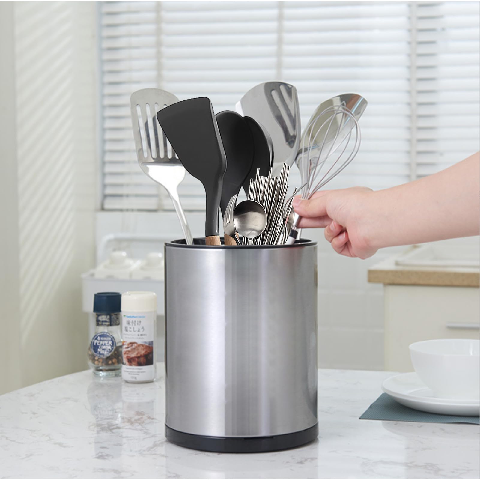 Syfunlv Contenitore per utensili, portautensili girevole a 360° in acciaio inox 8,2 x 6,7 pollici con fondo di scarico, divisorio rimovibile