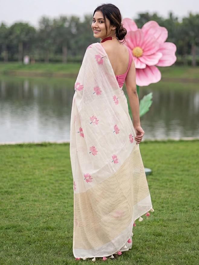 Image of Women's Linen Cotton Blend Saree Multicolor Ikat Brush Print Scalloped Border with Floral Print Unstitched Blouse Piece