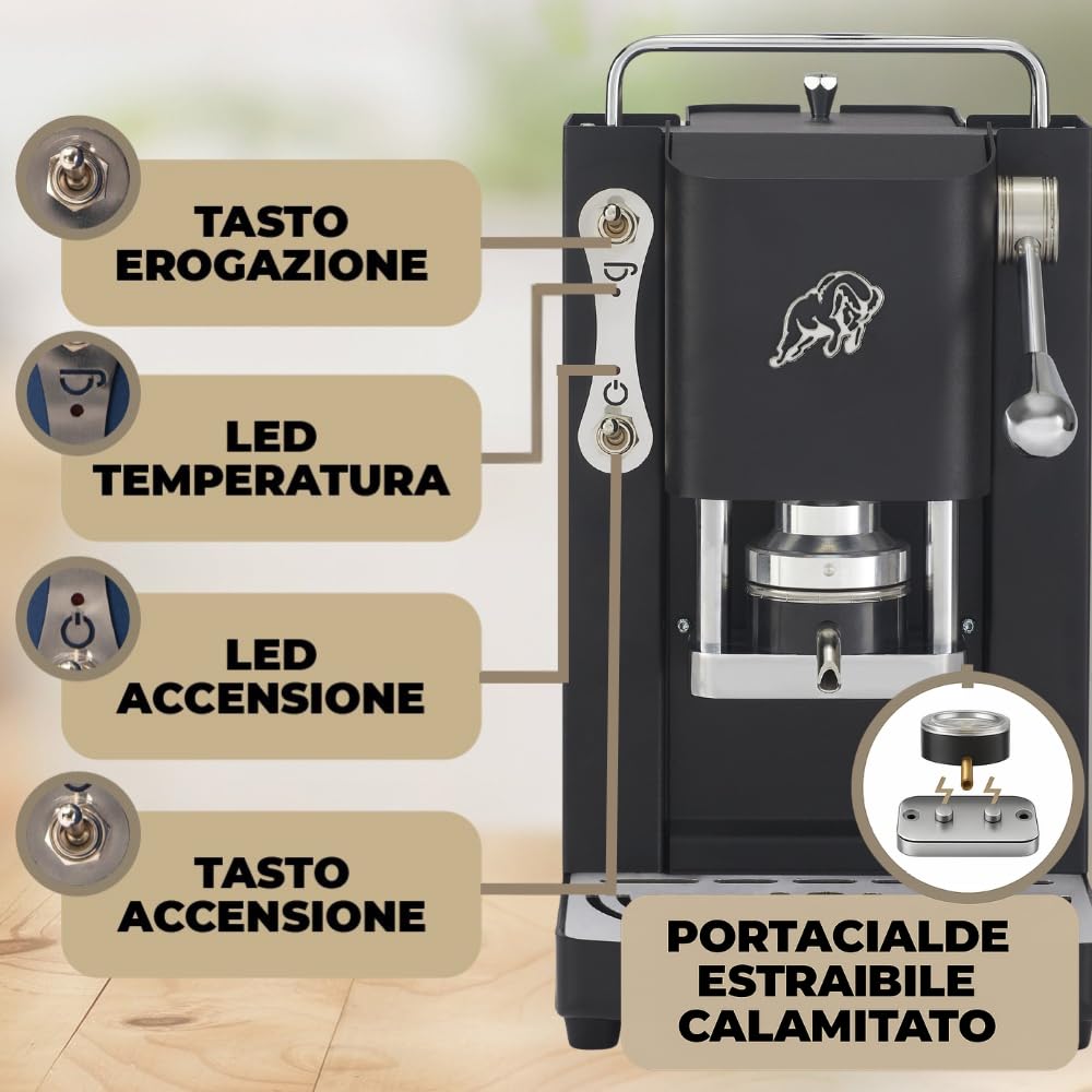 FABER COFFEE MACHINES 3.0 Pro Essential | Kaffeemaschine ESE 44 mm kompakt mit Glaskanister, herausnehmbarem Padhalter und verstellbarer Padpresse aus Messing (Schwarz, Chrom)