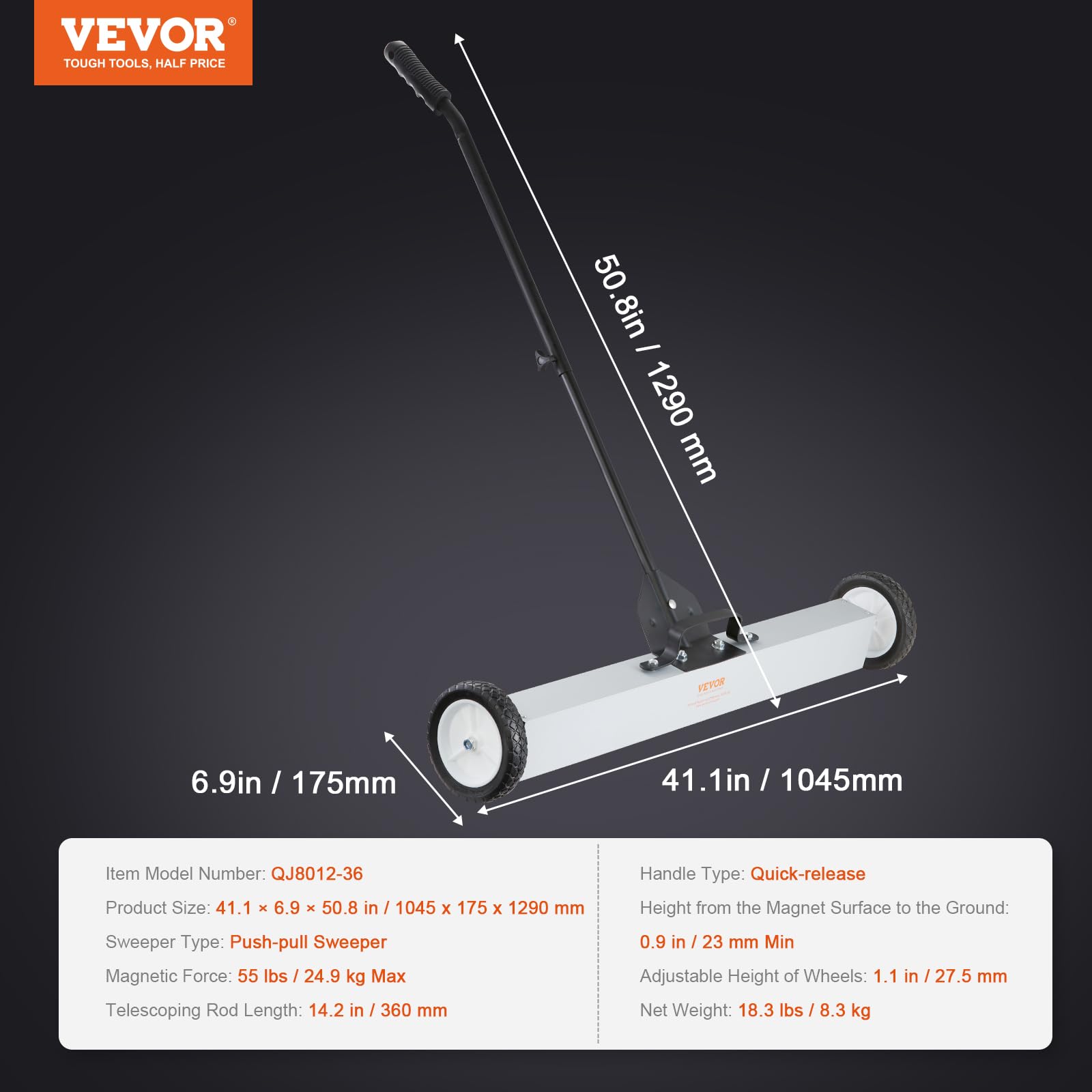 VEVOR Spazzatrice Magnetica Asta Telescopica 77-113cm per Pavimenti Raccoglitore per Piccole Parti Metalliche Forza Magnetica Max. 24,9kg, Scopa Magnetica con Ruote di Raccolta per Chiodi Viti Metalli
