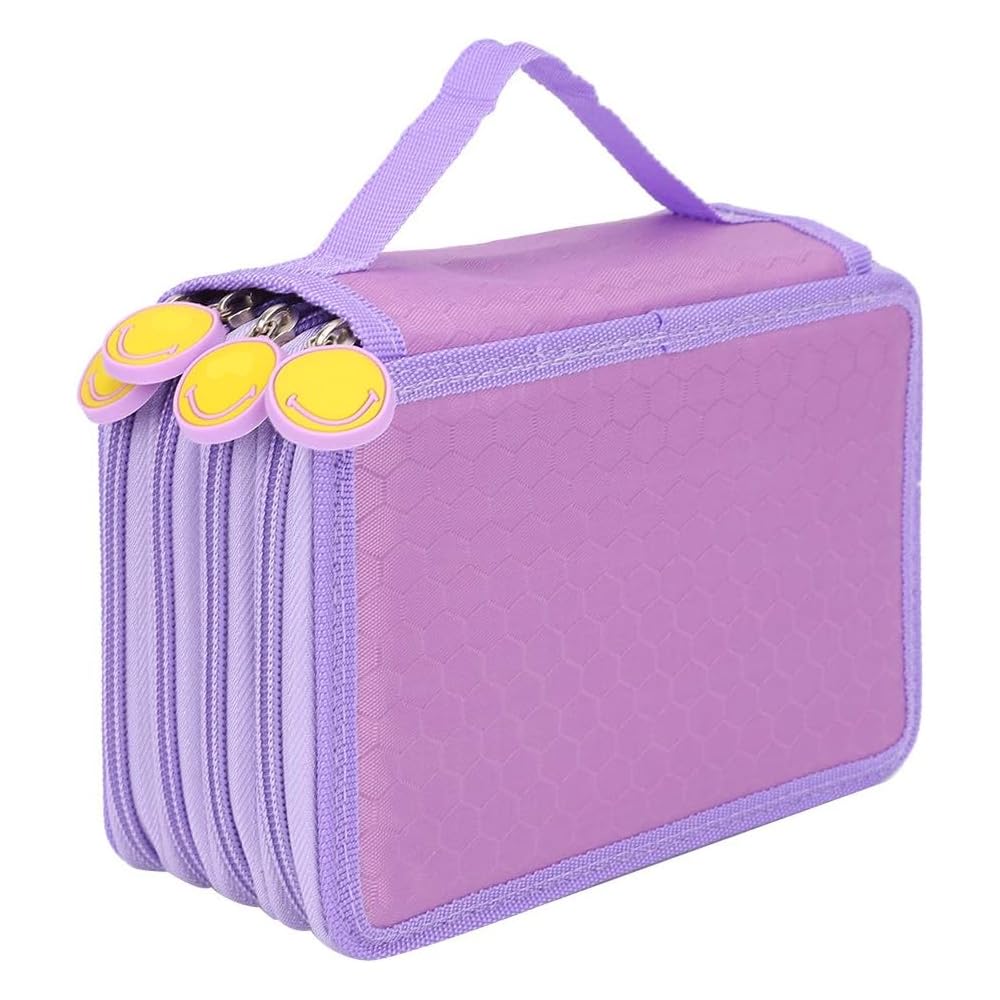 Estuche para Lápices de Gran Capacidad, Bolsa para Lápices de 72 Orificios 4 Capas, Bolsa Organizadora Lápices con Cremallera Dibujos Animados Varios Compartimentos Portátiles Suministros (Púrpura)