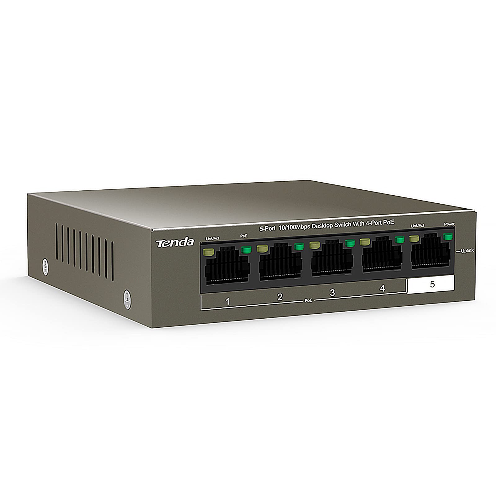 Tenda PoE Switch Ethernet 5 Ports 10/100 Mbps (TEF1105P-4-38W) Aves 4 Ports PoE 35W, IEEE 802.3af / at, Plug et Play, Format Bureau, Boîtier Métal, Idéal pour Les Projets de Surveillance IP Gris