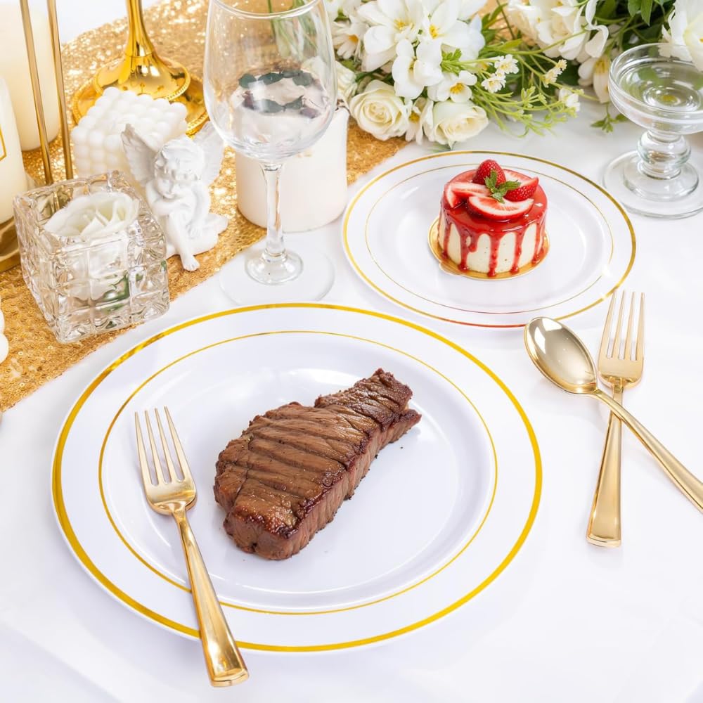 Elegante set di 150 posate in plastica dorata, 50 cucchiai, 50 forchette e 50 coltelli, resistenti, lavabili e riutilizzabili, posate dorate per compleanni, feste, matrimoni ed eventi