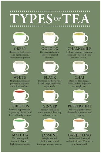 Cartel de tipos de bebidas de té laminado, póster de beneficios para la salud, diagrama de variedades, infografía como café, beber, cocina, café,