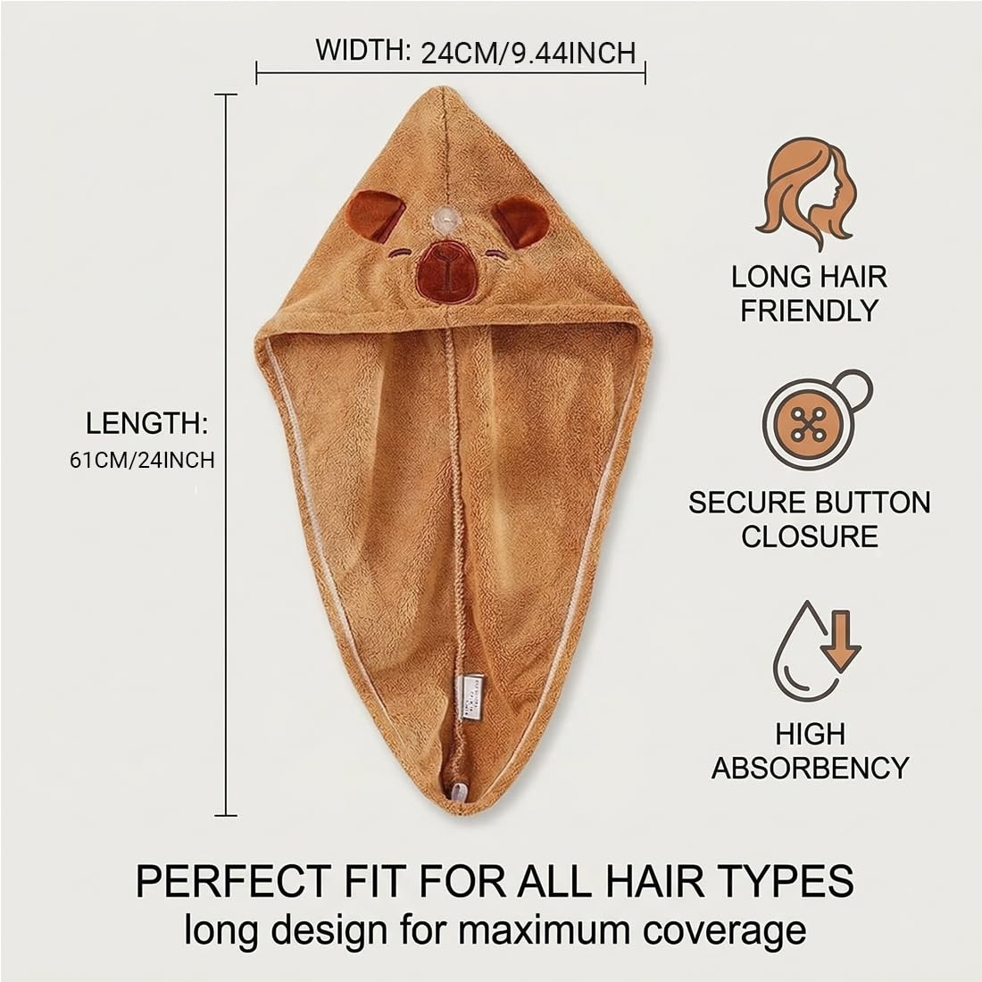 1 Pezzi Capybara Asciugamano per Capelli, Turbante Asciugacapelli, Asciugatura Rapida Turbante Super Assorbente con Bottone per Donne Capelli Lunghi