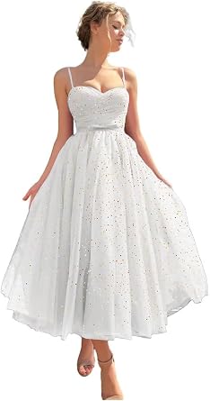 Spaghetti Straps Starry Prom Dresses Sparkly Puffy Tulle Ball Gown Tea Length Formal Evening Party Dress