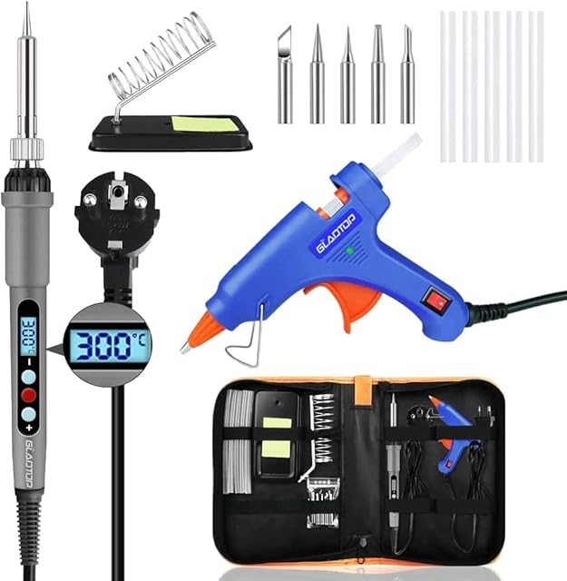 Soldering Iron Kit, 60W Fast Heating Adjustable Temperature Welding Tools with LCD Screen, Welding Iron Gun with 5 Extra Tips, 20W Glue Gun, Stand for Electronic Production/Soldering/Desoldering