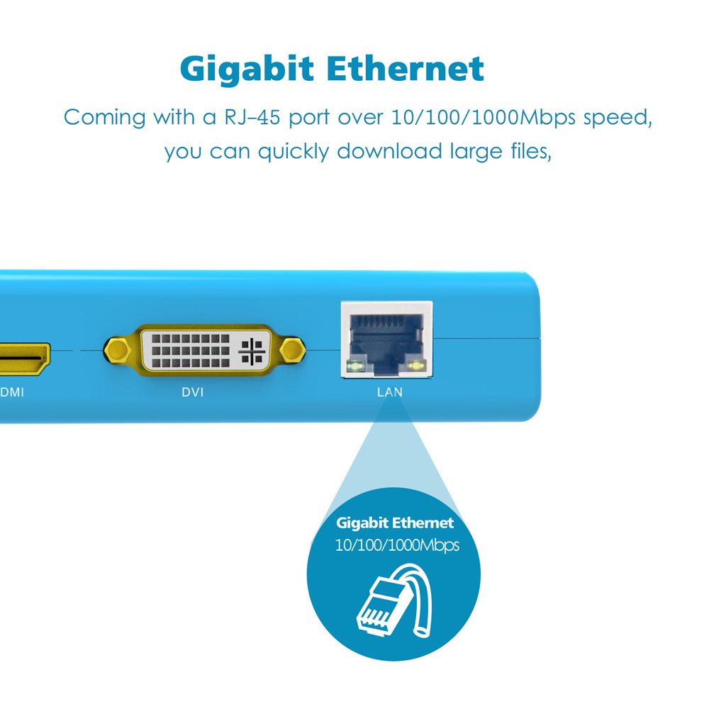 WAVLINK Estación de Acoplamiento Universal USB 3.0 para portátil con Doble Pantalla de vídeo Salidas HDMI/DVI/VGA hasta 2048 x 1152, Gigabit Ethernet, 6 Puertos USB
