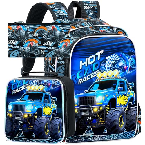 Image of WZLVO 3PCS Boys Truck Bookbag Set, 16 inch Cool UV Printing Kids Backpack /School Bag with Lunch Box & Pencil Bag for Preschool to Elementary - Blue Truck