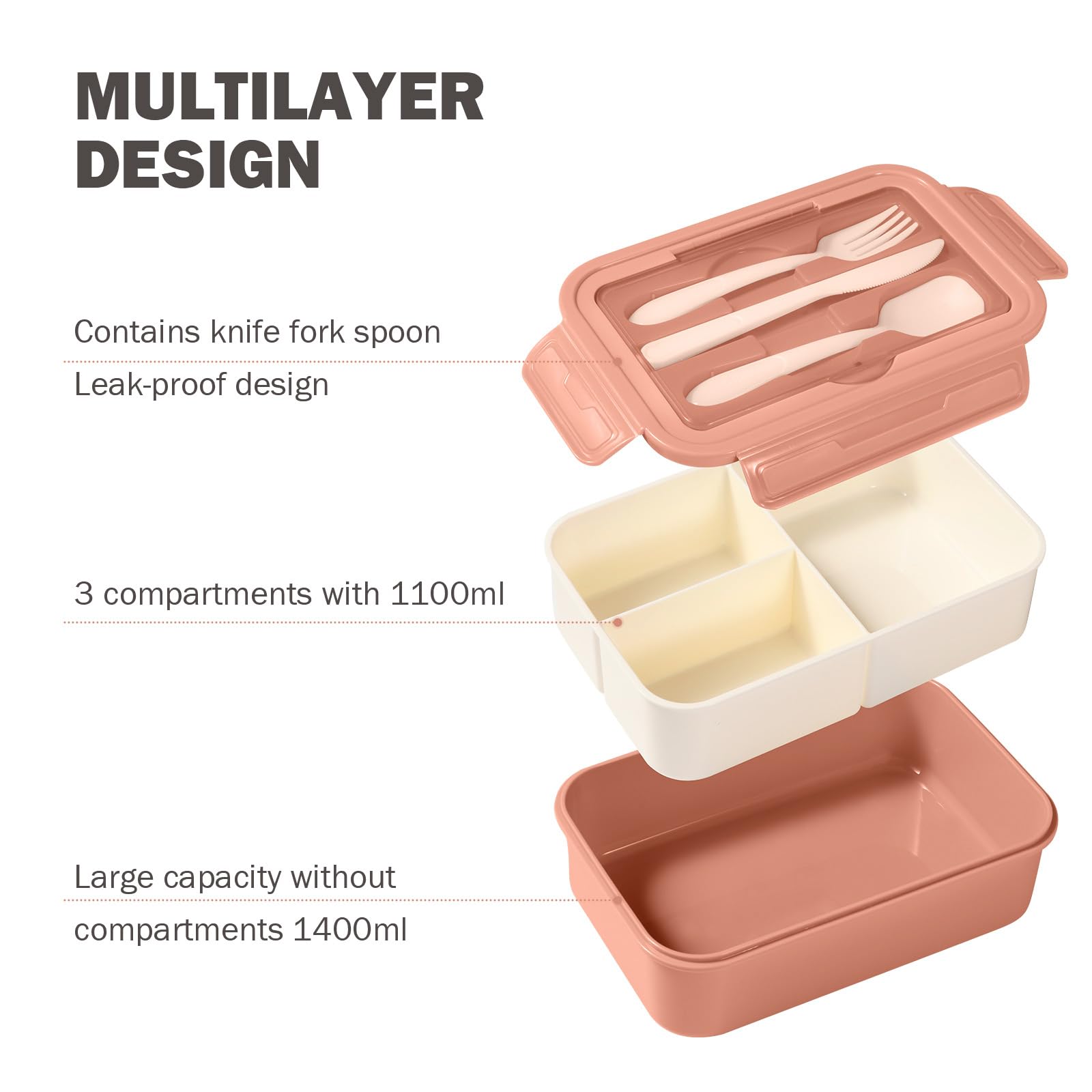 Lunch Boxes For Adults 1400ML Lunch Box - Bento Pour Enfant Adulte - Boite Bento Avec 3 Compartiments Et Couverts - Pour L'école, Le Travail - Vert - Maison Lunch Containers