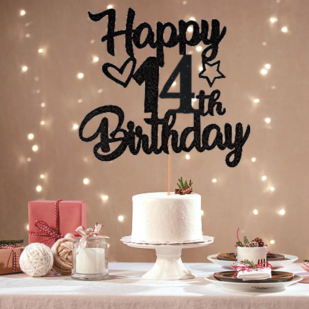 Cake Topper 14° Compleanno In Oro E Nero – Decorazione Per Torta Con Glitter, Per Ragazzi E Ragazze, Facile Da Usare