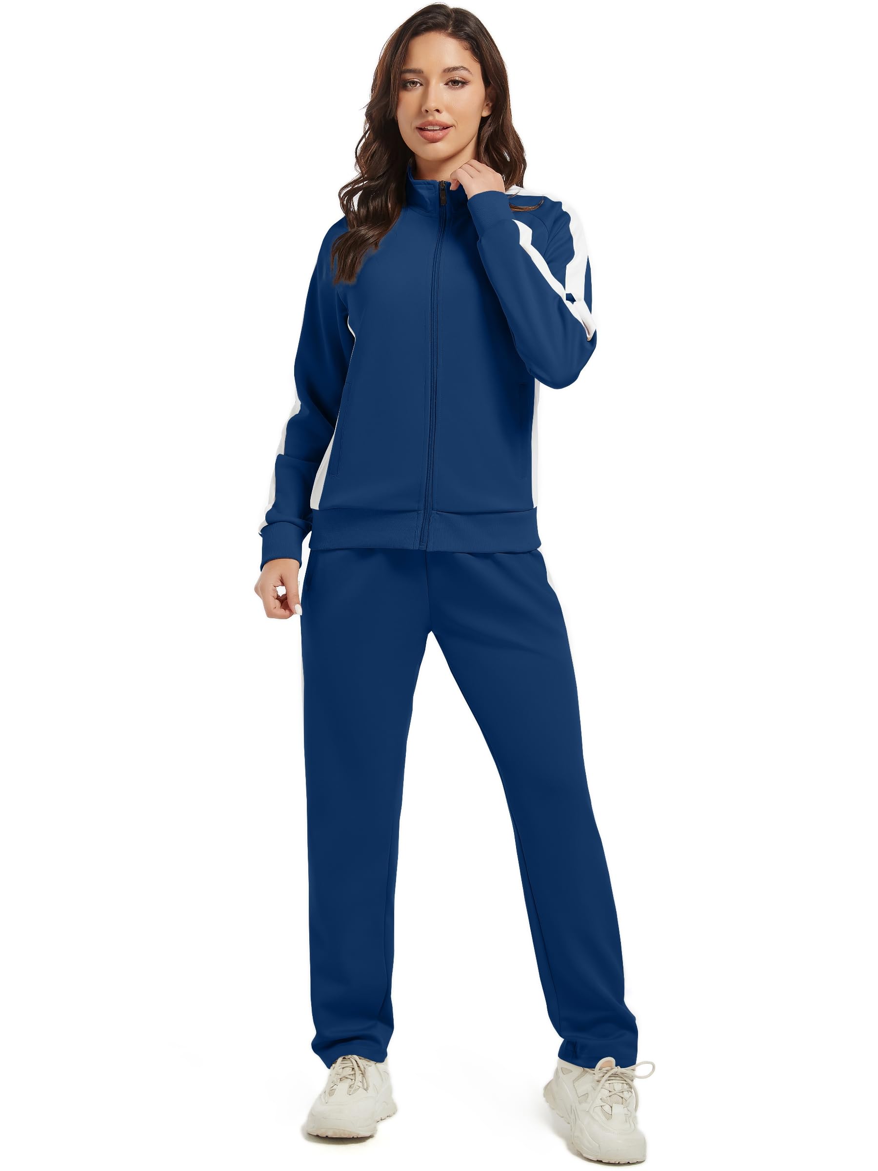 Conjunto deportivo de 2 piezas con cremallera completa para mujer, manga larga, casual, para correr, entrenamiento, gimnasio, con bolsillos