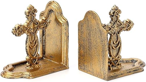 Jemeni Sujetalibros de cruz de hierro fundido, juego de 2 extremos de libro, acabado dorado antiguo..