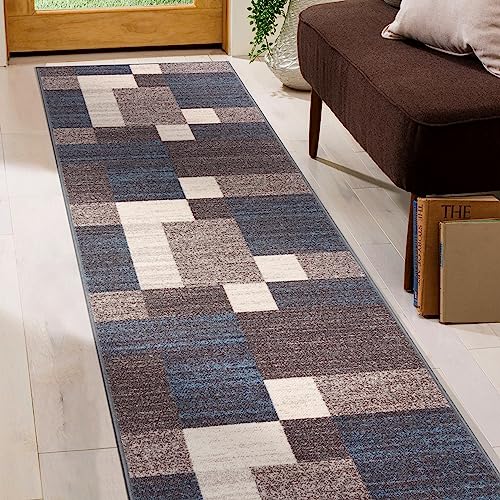 Rugshop Modern Boxes Design Non-Slip (Non-Skid) Runner Rug 2' X 10' Blue #TOP27