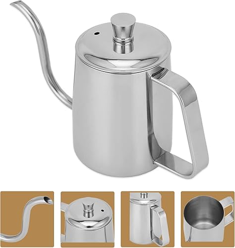 Miniatura 8 de Cafetera pequeña de 11.8 fl oz, hervidor de café manual de acero inoxidable con tapa para uso doméstico de café (plateado)