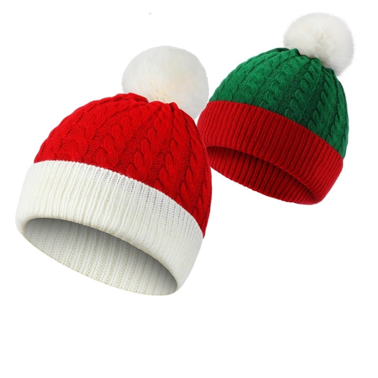 Genérico Gorro Tejido Navideño con Bolas Esponjosas para Niños Y Adultos | Gorro rojo de acrílico con pompón blanco y vuelta, tejido elástico, 1PC/2PCS, accesorio de invierno(2PCS-MC)