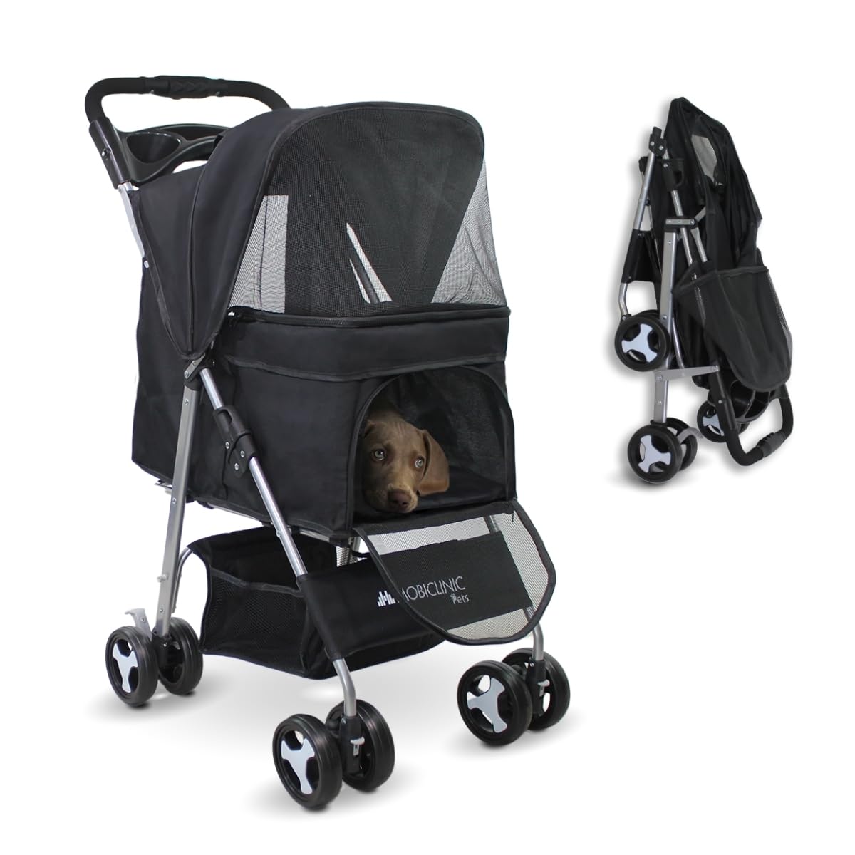 Mobiclinic® Pets, Carrito para Perros Plegable, Ideal para Perros Pequeños y Senior, Zuma, Hasta 15 kg, Ruedas con frenos 360º, Cesta XXL, 3 Ventanas con cremallera y mosquitera, Portavasos, Negro
