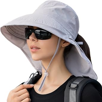 Womens Sun Hat UPF 50+ Wide Brim and Ponytail Hole, Hiking Safari Hat with Neck Flap...