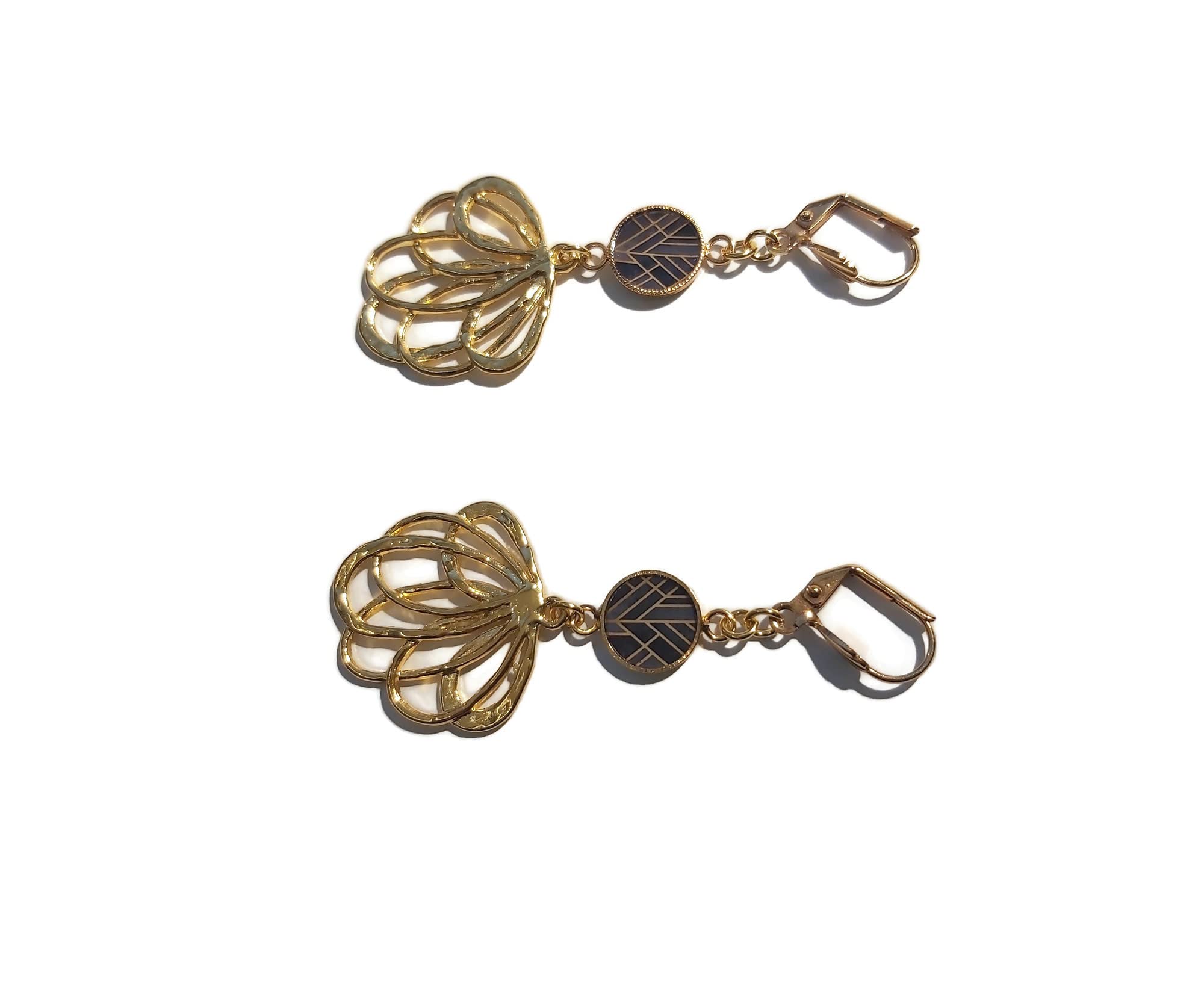 Pendientes Art deco abanico flor oro resina gris negro